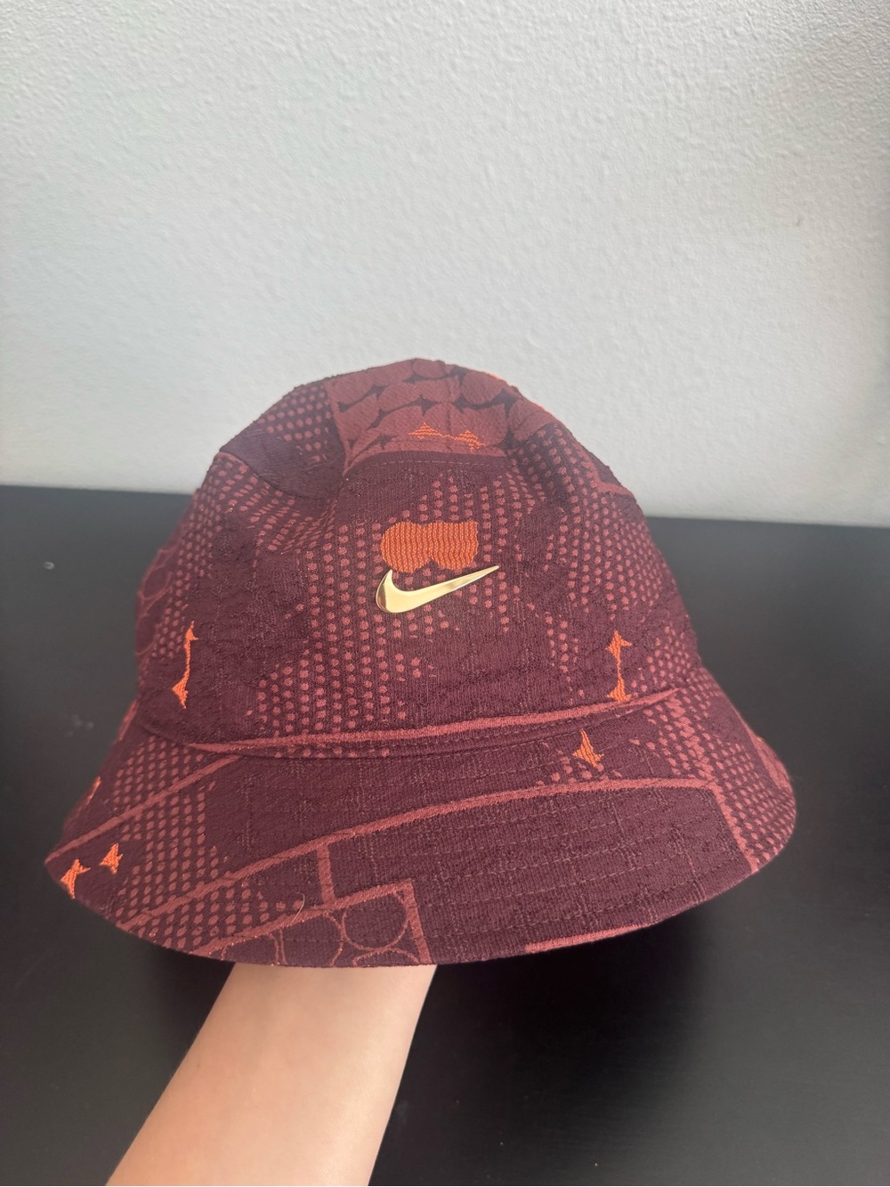Nike Burgundy Bucket Hat with Orange Swoosh Size Medium Unisex